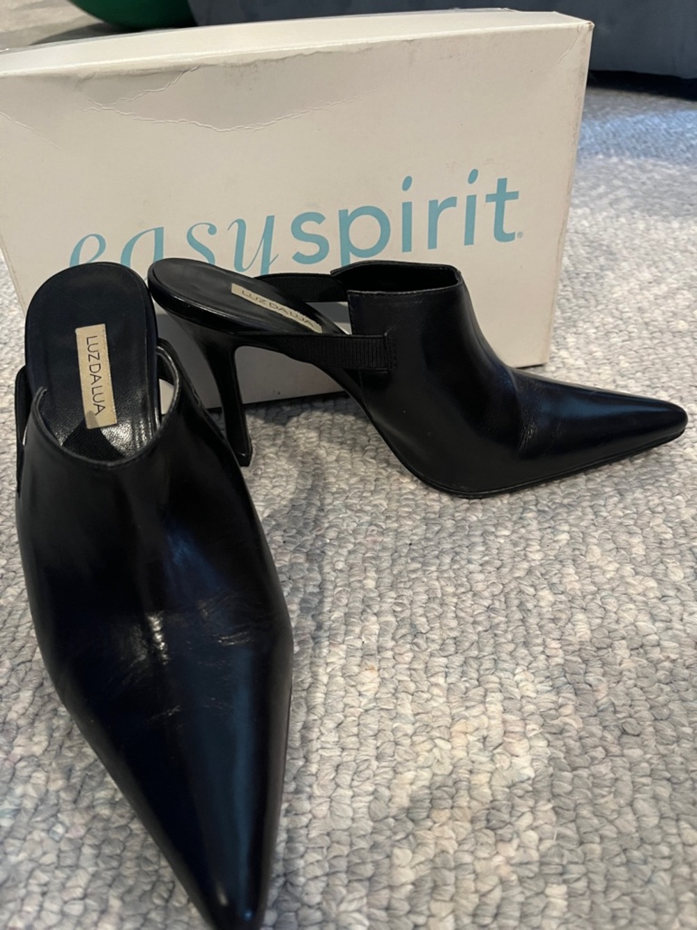 Black Pointed Leather Mule Heels leather